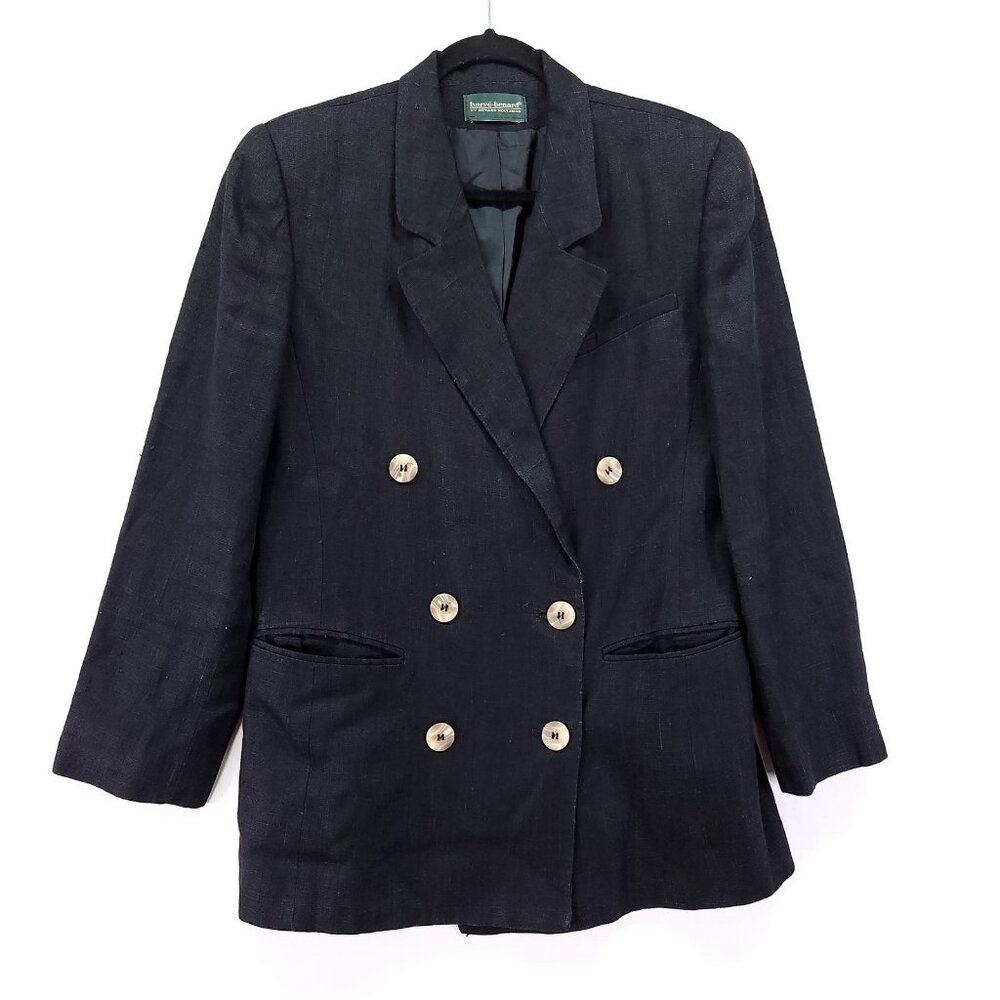Harve Benard Black Linen Blend Blazer Double Breasted Size 4 Oversized Boxy